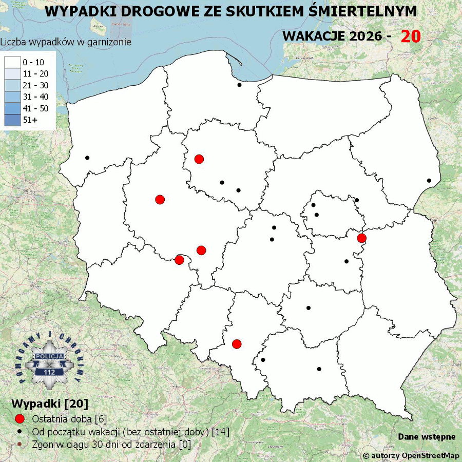 Mapa prezentująca liczbę wypadków poprzedniej doby w Polsce. Prezentowane dane są dostępne w tekście poniżej.