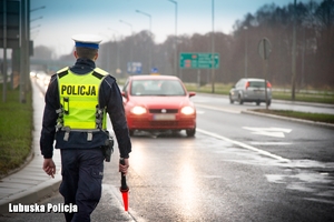 policjant w kamizelce odblaskowej stoi przy drodze