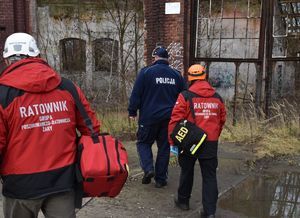 ratownicy i policjant przed ruinami