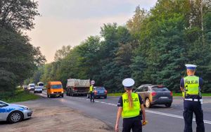 policjanci w kamizelkach odblaskowych na drodze